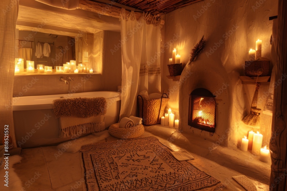 A cozy and inviting bathroom with a fireplace, soft lighting, and plush rugs, creating a warm and intimate atmosphere A cozy and inviting bathroom with a fireplace, soft lighting, and plush rugs, creating a warm and intimate atmosphere