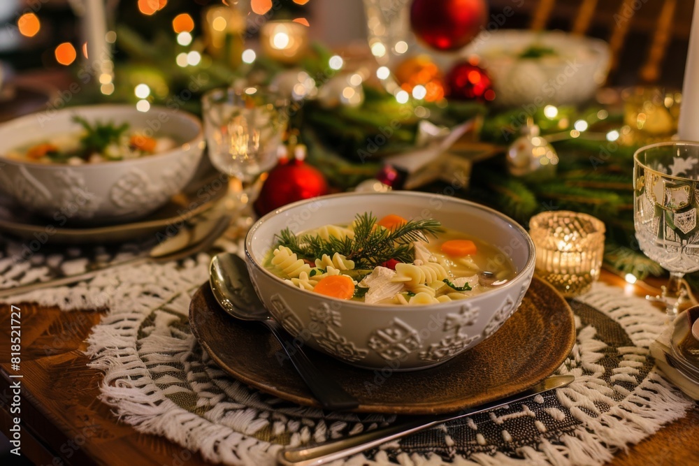 A festive holiday table setting with bowls of steaming chicken noodle soup as the centerpiece A festive holiday table setting with bowls of steaming chicken noodle soup as the centerpiece