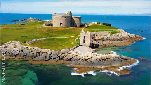 Aerial view. Ruins. Dalkey island. Aerial view of the picturesque ruins of houses, church and Martello tower photo