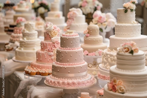 A lavish dessert table at a wedding reception, featuring a grand display of decadent wedding cakes in various flavors and designs