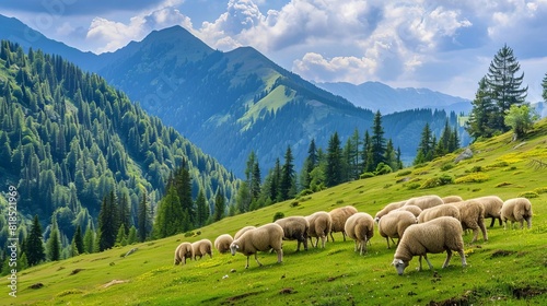 flock of grazing sheep on lush green mountain meadow with scenic landscape view idyllic pastoral scene livestock farming