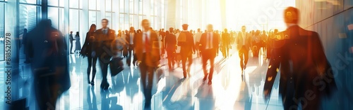 Blurred business people walking in the office. Walking Businesspeople walking in blurred motion in modern office space