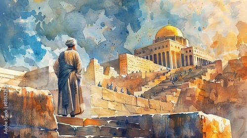 ezra overseeing the rebuilding of the temple in jerusalem old testament watercolor illustration bible story art photo
