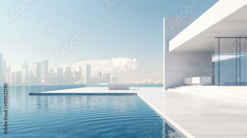 Simple white architecture in a bustling city with clear skies. Architectural scenes reminiscent of architectural concept art It features intricate details and perspective.