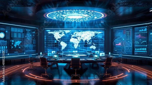 interior of a futuristic secret military base with a large round table in the center and a world map displayed on the wall.