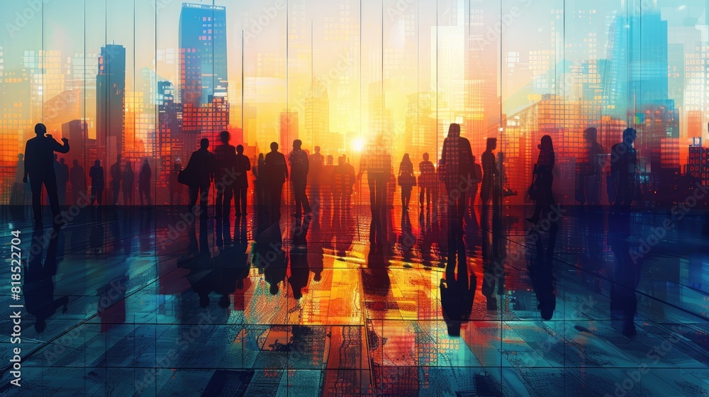 Silhouettes in a city square with a vibrant digital skyline during sunset, reflecting urban lifestyle and technology. Silhouettes in a city square with a vibrant digital skyline during sunset, reflecting urban lifestyle and technology.