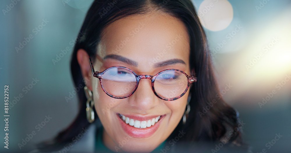 Desktop, glasses and business woman in the office doing research for legal corporate project. Smile, vision and professional female attorney working on a law case with computer in modern workplace. Desktop, glasses and business woman in the office doing research for legal corporate project. Smile, vision and professional female attorney working on a law case with computer in modern workplace.