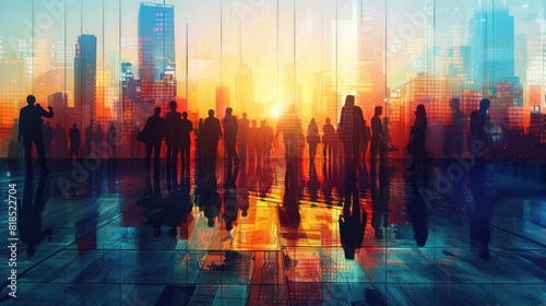 Silhouettes in a city square with a vibrant digital skyline during sunset  reflecting urban lifestyle and technology.