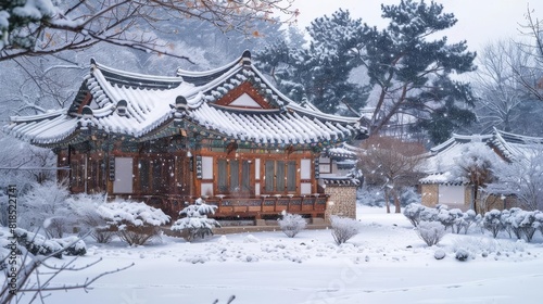 traditional korean tiled house blanketed in pristine snow capturing old world charm in winter wonderland