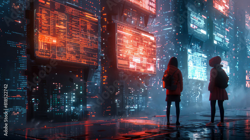 Two people in a futuristic city examining digital screens with complex data and codes. 