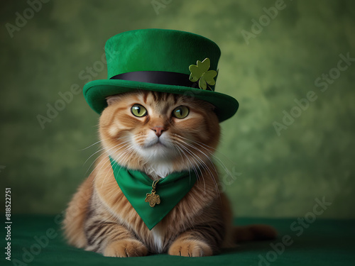 cute cat in a green hat and suit  saint patrick s day saint patrick day card with green background