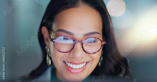 Desktop, glasses and business woman in the office doing research for legal corporate project. Smile, vision and professional female attorney working on a law case with computer in modern workplace.