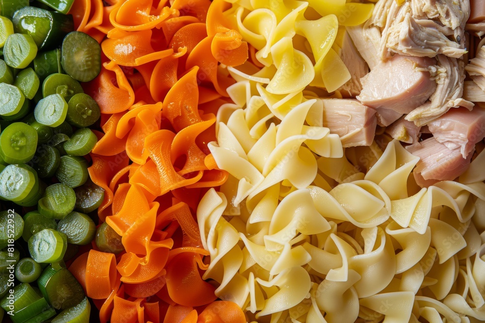 A series of close-up shots highlighting the texture and detail of each ingredient in chicken noodle soup A series of close-up shots highlighting the texture and detail of each ingredient in chicken noodle soup