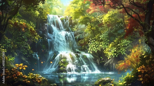 enchanting waterfall hidden in lush forest serene natural oasis cascading waters verdant foliage tranquil ambiance digital painting photo