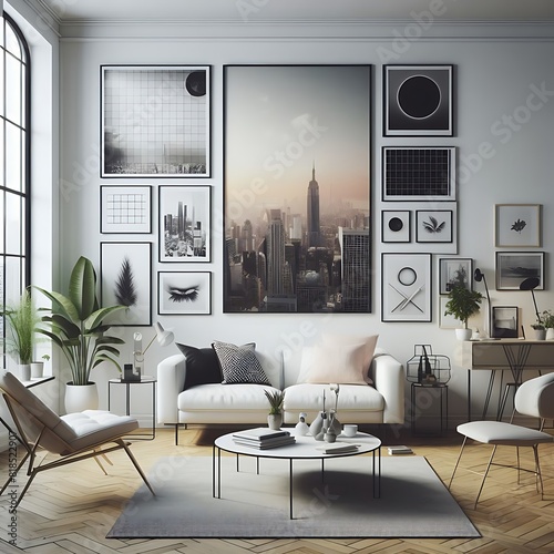 A living Room with a mockup poster empty white and with a couch and chairs art card design image used for printing.