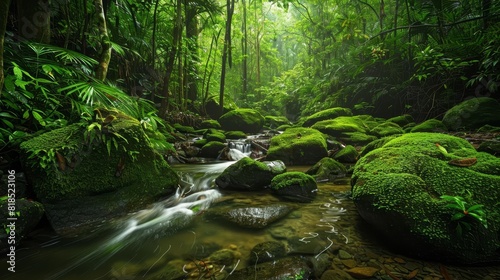 serene forest stream winding through mossy rocks lush jungle setting isolated on white