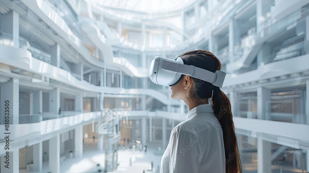 Virtual reality used in architectural design, exploring innovative building models in a VR setting Virtual reality used in architectural design, exploring innovative building models in a VR setting