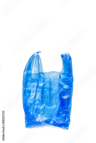 Top view wrinkled Blue plastic bag isolated on white background, cut out object. Close up Single-use polythene packet, Cellophane bag for grocery, waste reduction, reusable materials, non-plastic