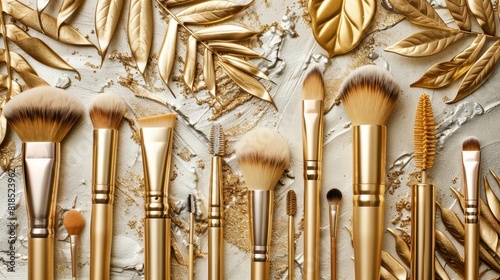 assortment of luxurious gold and leaftoned makeup accessories arranged on textured background beauty product photography