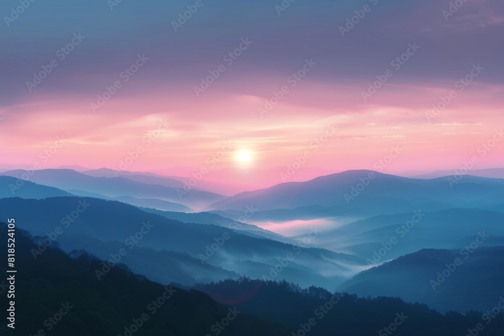 A breathtaking sunrise over a misty mountain valley, painting the sky in pastel hues A breathtaking sunrise over a misty mountain valley, painting the sky in pastel hues