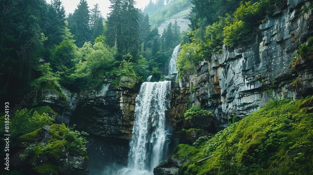 majestic waterfall cascading down rocky cliffs in serene mountain landscape nature photography
