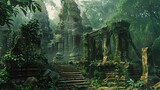 mysterious ancient ruins in dense jungle overgrown stone structures adventure landscape illustration digital art