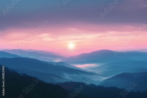 A breathtaking sunrise over a misty mountain valley, painting the sky in pastel hues