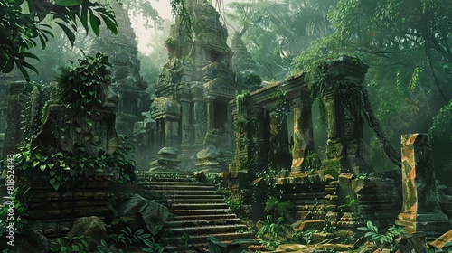 mysterious ancient ruins in dense jungle overgrown stone structures adventure landscape illustration digital art photo