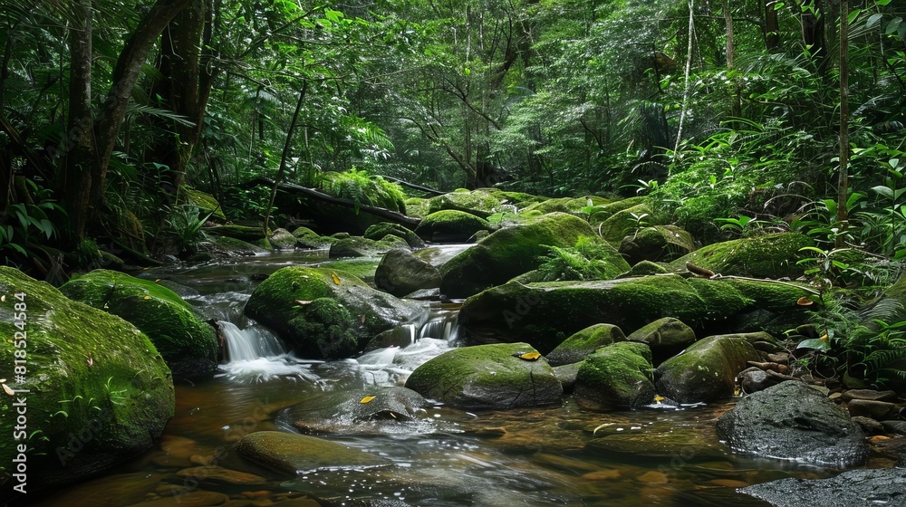 serene forest stream winding through mossy rocks lush jungle setting isolated on white serene forest stream winding through mossy rocks lush jungle setting isolated on white