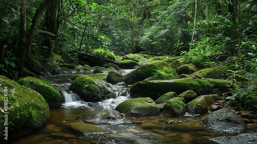 serene forest stream winding through mossy rocks lush jungle setting isolated on white