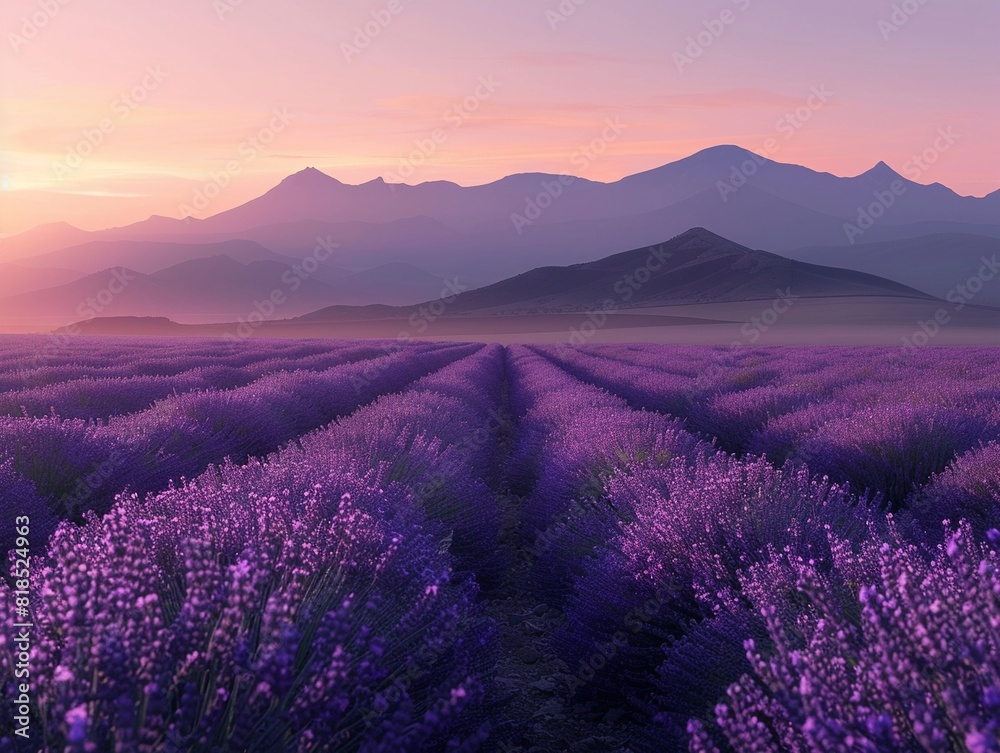 Lavender rows fading into distant mountains, serene purple, twilight, peaceful , high resolution Lavender rows fading into distant mountains, serene purple, twilight, peaceful , high resolution