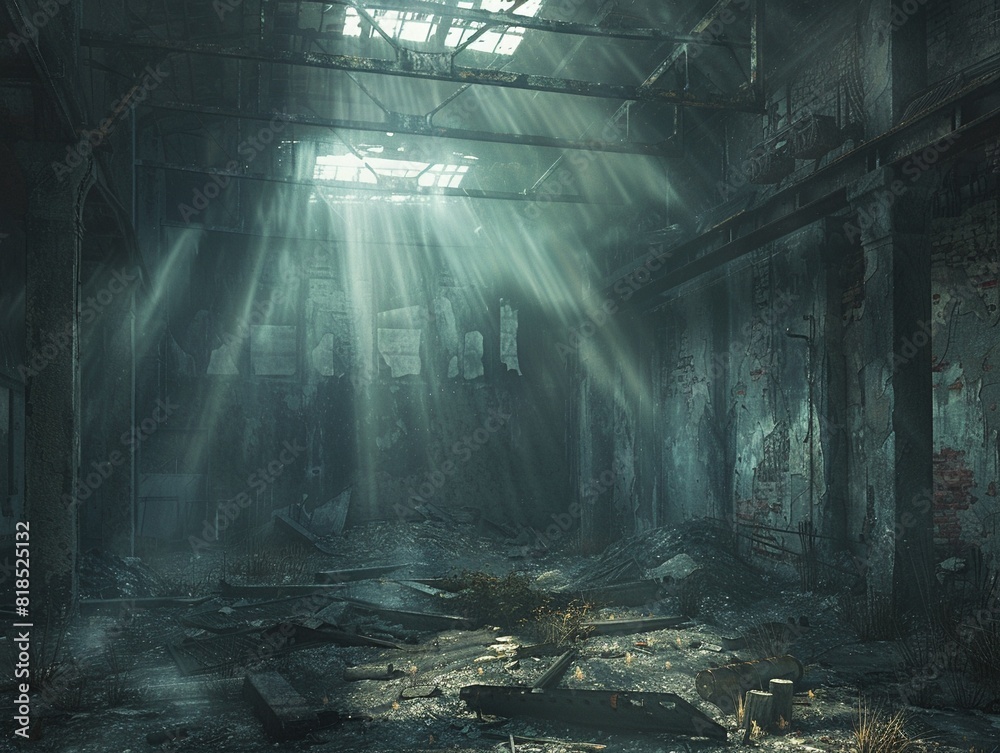Obraz premium abandoned warehouse, sunbeams through cracks, eerie , hyper detailed