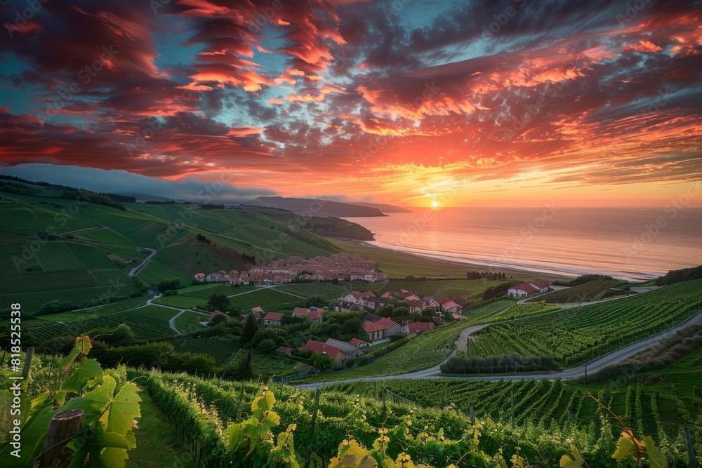A stunning sunset over a seaside village with rolling hills, vineyards, and the ocean meeting the sky in a blaze of color