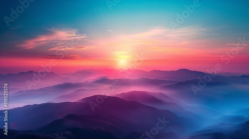 sunrise over misty mountains, wideangle , vibrant color
