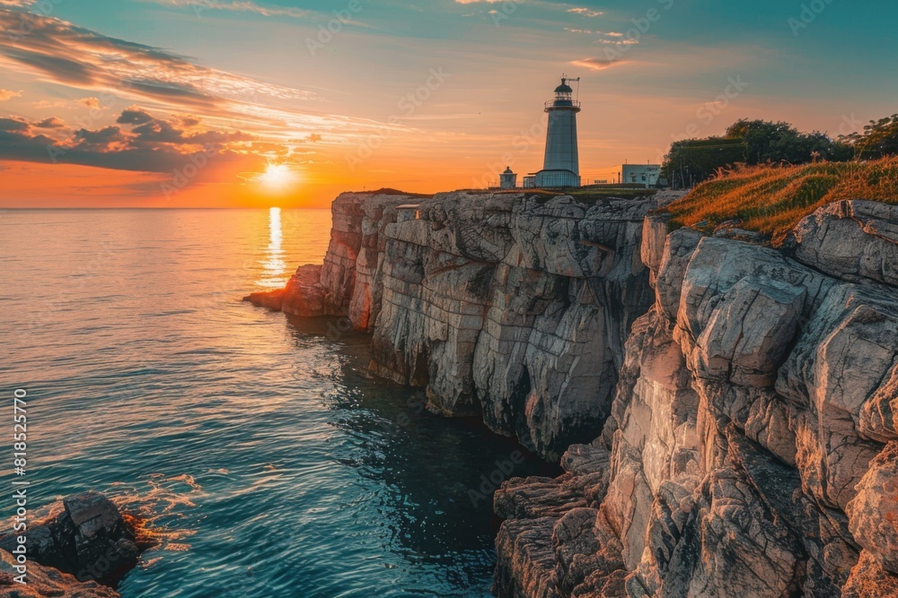 A sunset over a secluded seaside village with rocky cliffs and a lighthouse standing guard