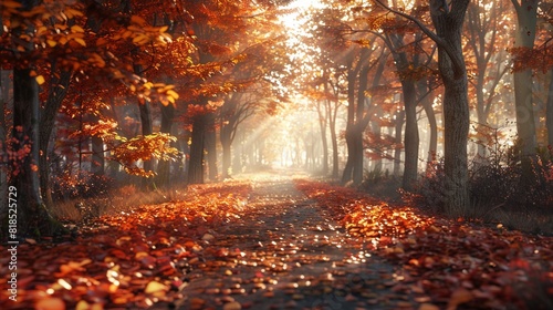 cozy autumn forest pathway, fallen leaves, soft light , 3D render © SteadFast