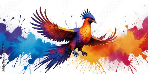 phoenix skyline bird fire fantasy firebird abstract magic 3D eagle animal. Phoenix bird fire tale character illustration render hawk fairy wings graphic feather gold background  red art pheonix