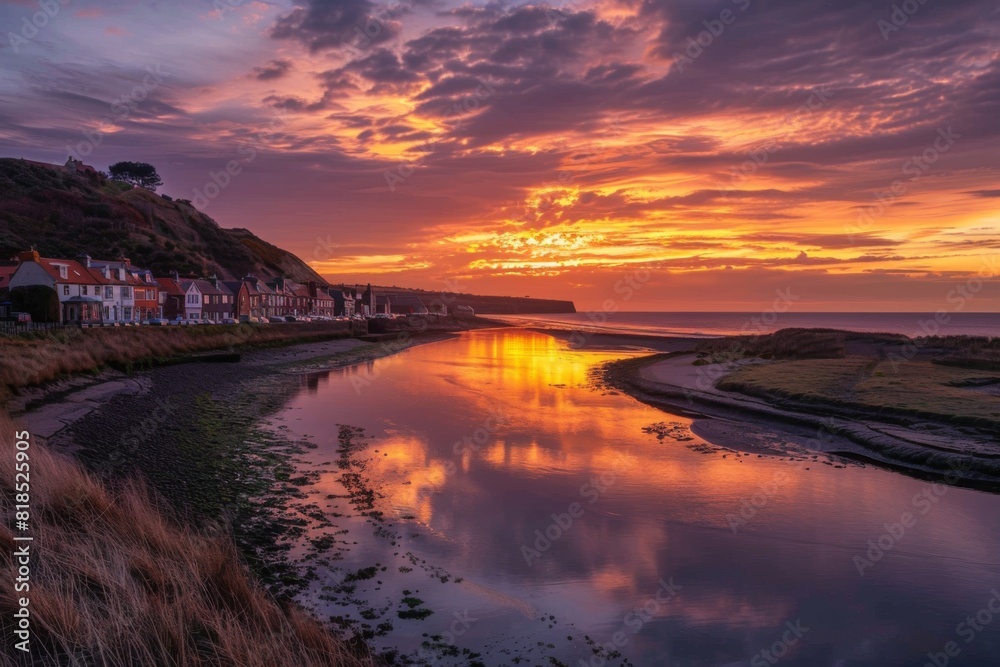A tranquil sunset over a seaside village with a river flowing into the sea and the sky reflecting in the water