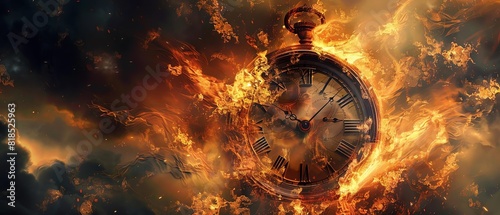 A vintage pocket watch bursting in fiery explosions, symbolizing the concept of time and its unstoppable, destructive nature.