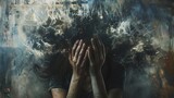 Abstract art depicting a person holding their head with a stormy explosion of thoughts, symbolizing mental anguish and turmoil.