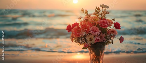 A beautiful bouquet of red and pink roses in a glass vase sits on the beach at sunset.