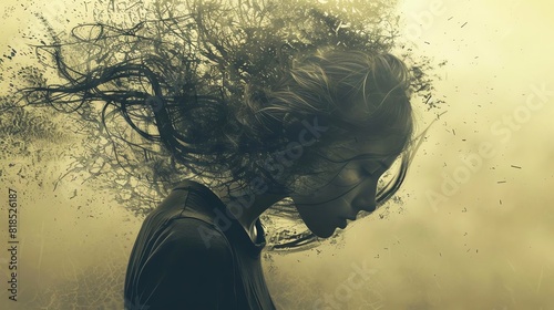 Surreal digital artwork of a woman with dissolving hair symbolizing fragmentation and inner turmoil, evoking a sense of mystery and emotion.
