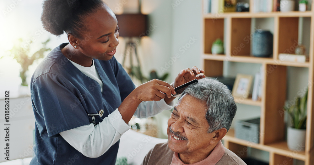 Living room, elderly man and nurse with comb for hair care, grooming or support in nursing home. Senior person, medical professional and discussion with helping for wellness, hairstyle and retirement Living room, elderly man and nurse with comb for hair care, grooming or support in nursing home. Senior person, medical professional and discussion with helping for wellness, hairstyle and retirement