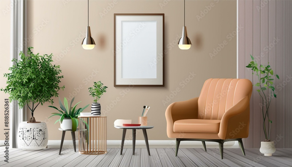 Fototapeta premium poster picture blank frame in modern home interior, beige tones, modern design armchair and furniture, 3d render