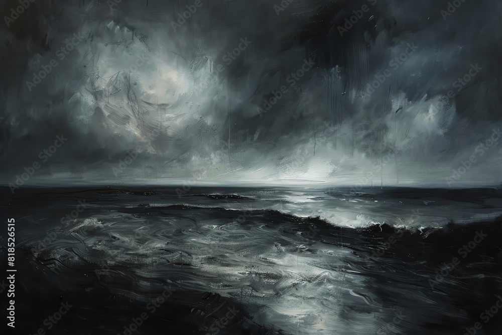 Dramatic stormy seascape with dark clouds and rough ocean waves, showcasing the power and beauty of nature's fury.