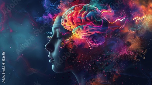 Digital art of a human head with a vibrant, colorful brain depicting creativity, thought, and imagination against a dark, abstract background.