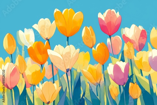 Tulips swaying in a field  their colorful blooms and leafy stems repeating in harmony.