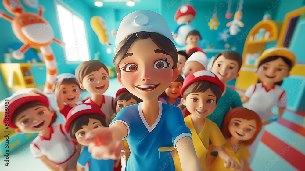 A playful 3D illustration of a nurse taking a selfie with a group of children in a colorful pediatric ward, with oversized medical toys in the background, nurse and children selfie