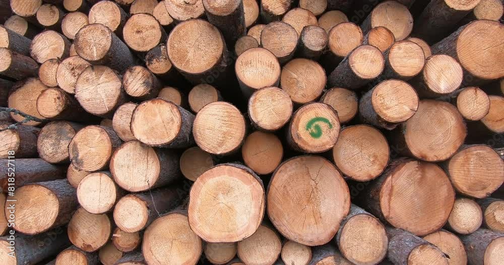 Stacks of logs at a woodworking plant. The impact of deforestation on the ecological system Stacks of logs at a woodworking plant. The impact of deforestation on the ecological system