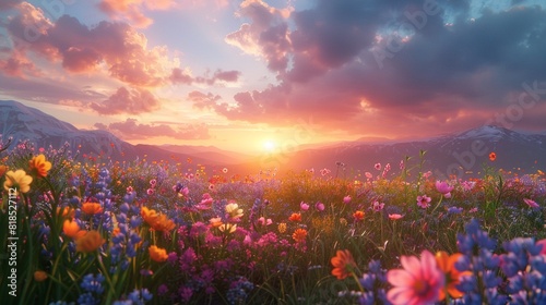 wildflower meadow, sunset, vivid colors, peaceful , DALL-E 2